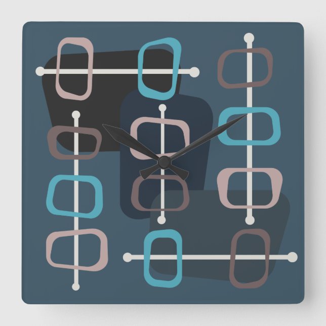 Relógio Quadrado Teal de Rochas Hollow Abstrato Art de 1950 (Frente)