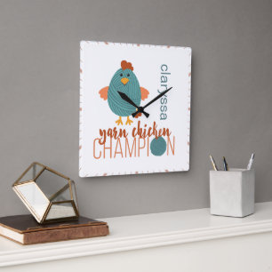 Relógio Quadrado Teal & Rust Yarn Chicken Champion