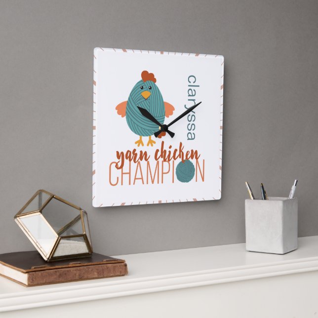 Relógio Quadrado Teal & Rust Yarn Chicken Champion (Escritório)