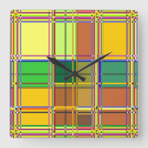 Relógio Quadrado Tecido Colorido Caribenho Madras Xadrez
