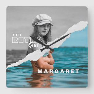 Relógio Quadrado Tela de Fotografia do Retrato Na moda preto e bran