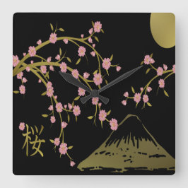 Relógio Quadrado Tela Dourada Black Japonesa Rosa Sakura