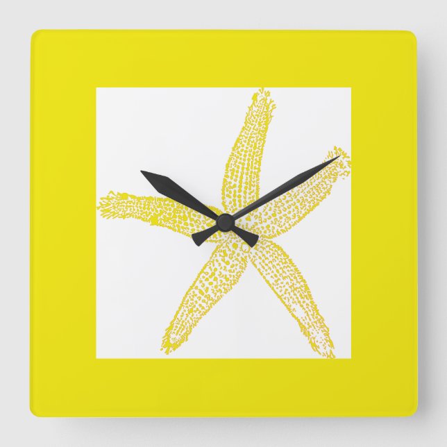 Relógio Quadrado Tema da Praia Costeira de Starfish Amarelo Branco  (Frente)