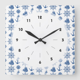 Relógio Quadrado Tema Náutico Ancorar Azul e Branco
