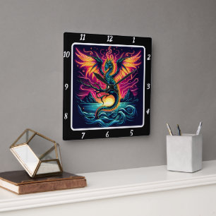 Relógio Quadrado Tempestade cósmica Neon Dragon