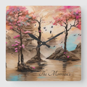 Relógio Quadrado Templos Japoneses Cheery Blossum Forest