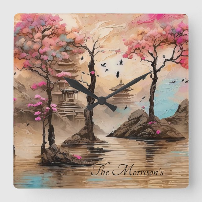 Relógio Quadrado Templos Japoneses Cheery Blossum Forest (Frente)