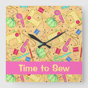 Relógio Quadrado Tempo Sewing amarelo da arte das noções Sew o