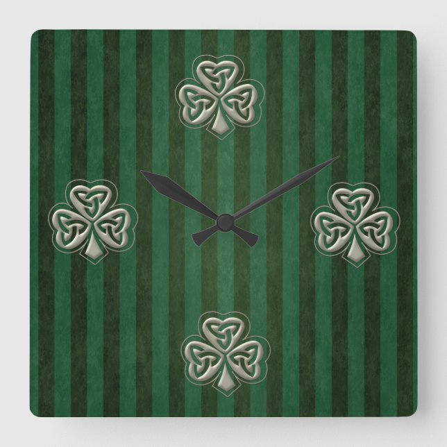 Relógio Quadrado Tendência elegante, shamrock irlandês sortudo (Frente)