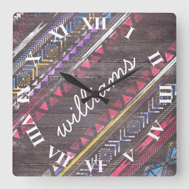 Relógio Quadrado Tendência Legal incrível Madeira Aztec tribal Ande (Frente)