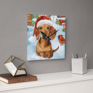Relógio Quadrado Terra de Maravilhas de Inverno do Dachshund Alegri