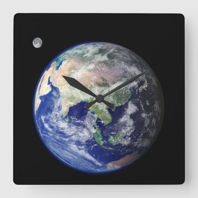 Relógio Quadrado Terra e Lua do Espaço (Frente)