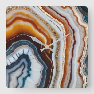 Relógio Quadrado Terracota Vermelha Geodo de Ágata Branco Preto Azu