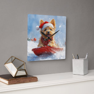 Relógio Quadrado Terrier australiano em Sledge Deixe que neve no Na