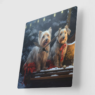 Relógio Quadrado Terrier Australiano Snowy Sleigh Decoração de Nata