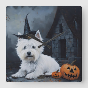 Relógio Quadrado Terrier Branco do West Highland Abóbora Halloween