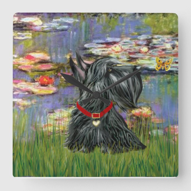 Relógio Quadrado Terrier escocês nos lírios de Monet (Frente)