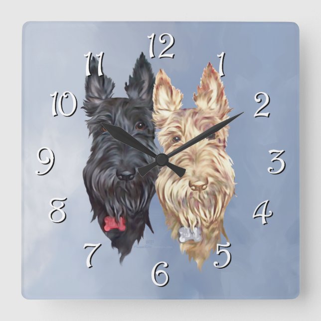 Relógio Quadrado Terriers Escoceses Pretos e Trigo (Frente)