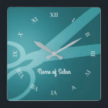 Relógio Quadrado Tesoura | Ciano | Salão de Cabelo<br><div class="desc">Um relógio de parede ciano escuro com um par de tesouras, algarismos brancos romanos e a opção de adicionar o seu nome ou o nome da sua empresa.</div>