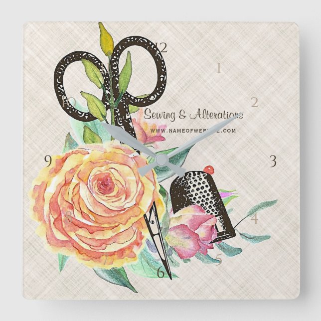 Relógio Quadrado Tesouras florais e dedal da costureira do vintage (Frente)