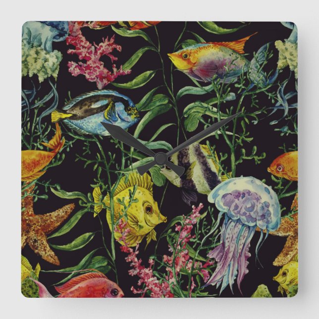 Relógio Quadrado Teste padrão 1 da vida marinha da aguarela (Frente)