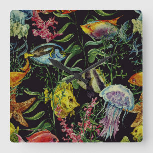 Relógio Quadrado Teste padrão 1 da vida marinha da aguarela