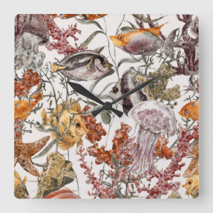 Relógio Quadrado Teste padrão 2 da vida marinha da aguarela