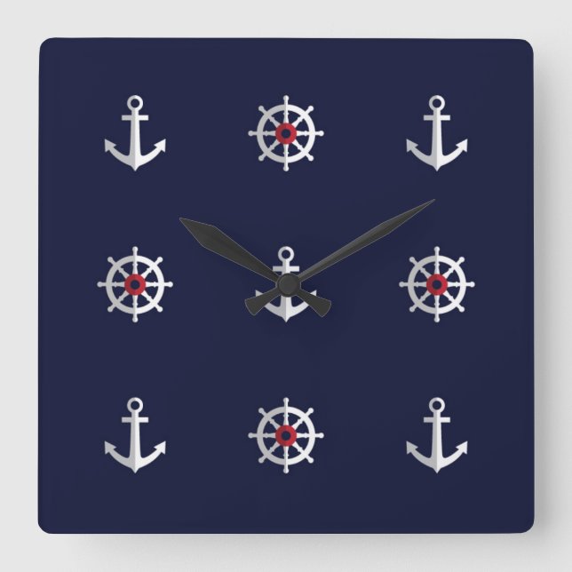 Relógio Quadrado Teste padrão branco e azul vermelho da âncora (Frente)