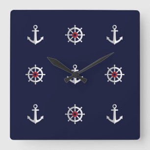 Relógio Quadrado Teste padrão branco e azul vermelho da âncora