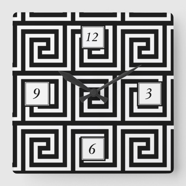 Relógio Quadrado Teste padrão chave grego preto e branco (Frente)