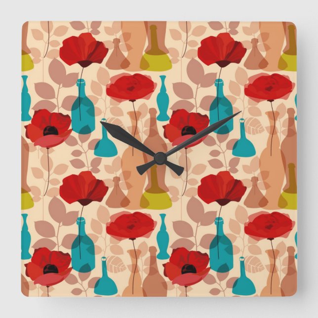 Relógio Quadrado Teste padrão das flores, dos vasos e das garrafas (Frente)