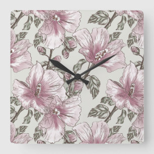 Relógio Quadrado Teste padrão de flores cor-de-rosa silenciado do