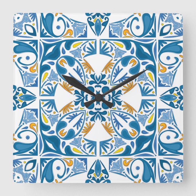 Relógio Quadrado Teste padrão do azulejo do português (Frente)