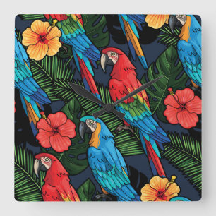 Relógio Quadrado Teste padrão do Macaw e do hibiscus