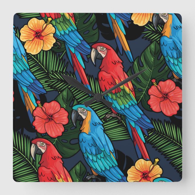 Relógio Quadrado Teste padrão do Macaw e do hibiscus (Frente)