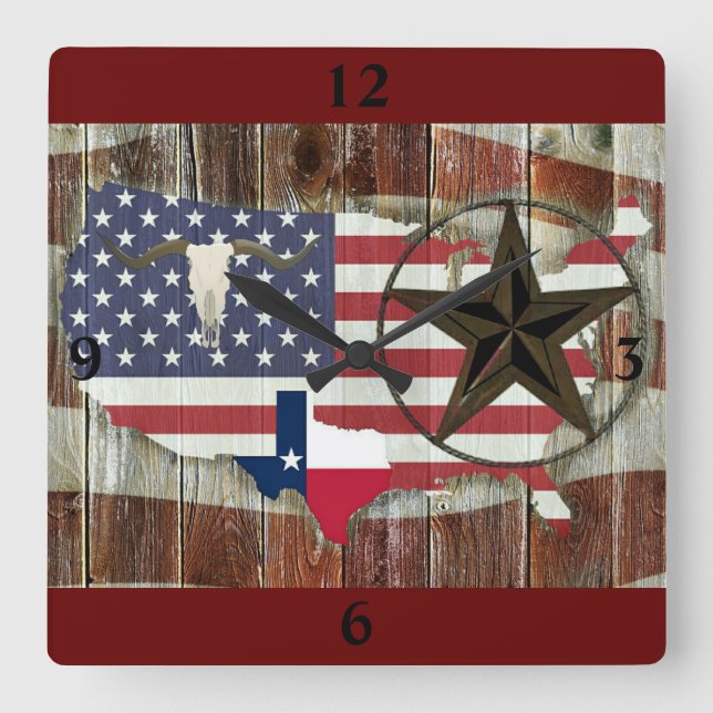 Relógio Quadrado Texas Lone Star Texas Long Horn (Frente)