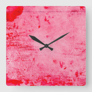 Relógio Quadrado Textura de Pintura Grunge Rosa Vermelho