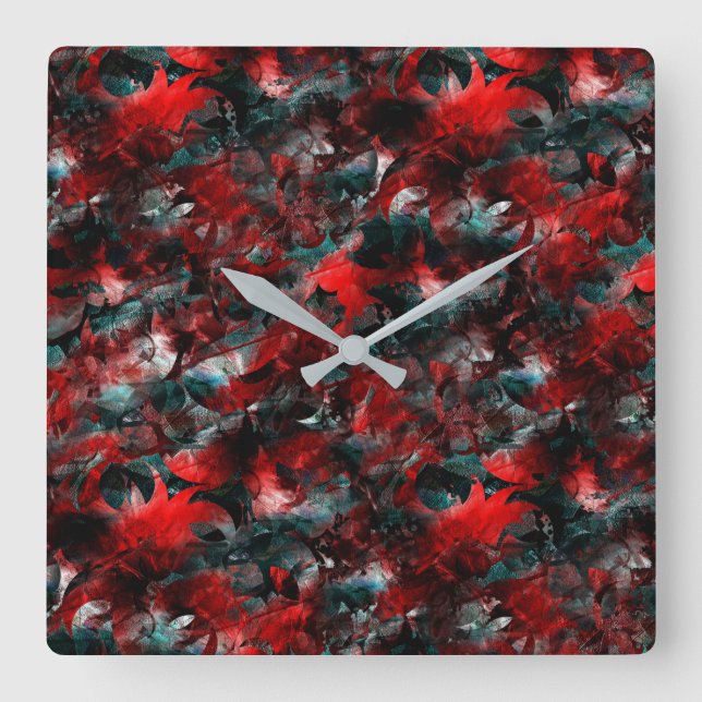 Relógio Quadrado Textura em folhas vermelhas sujas caídas nas cinza (Frente)