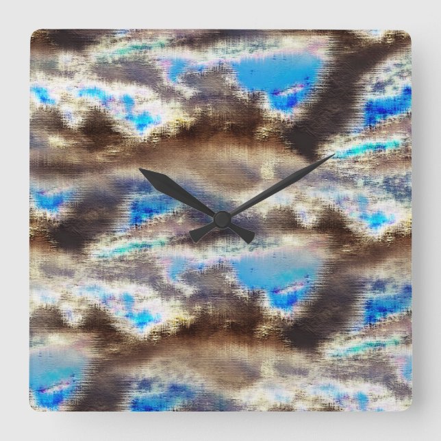 Relógio Quadrado Textura manchada azul e castanha numa lenhosa áspe (Frente)