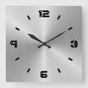 Relógio Quadrado Textura Metálica Brilhante, Números Com Cabeças Pa