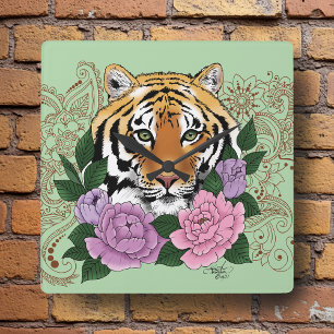 Relógio Quadrado Tiger Henna Flores Púrpuras Rosa