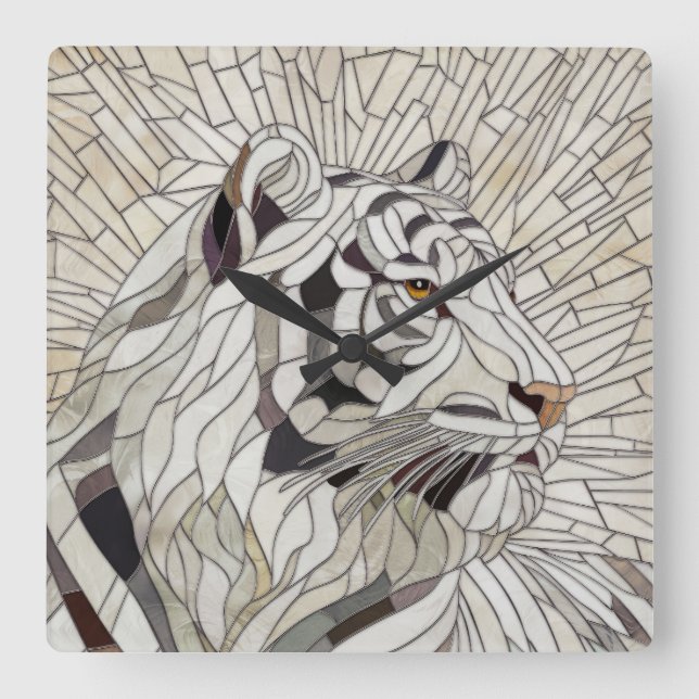 Relógio Quadrado Tigre branco - Arte Digital Mosaica de Vidro Estre (Frente)