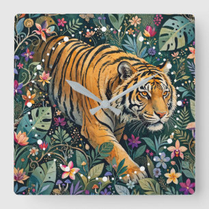 Relógio Quadrado Tigre com Olhos Âmbar Folhagem da Selva Fantasia
