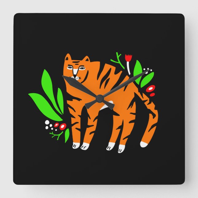 Relógio Quadrado Tigre em flores (Frente)