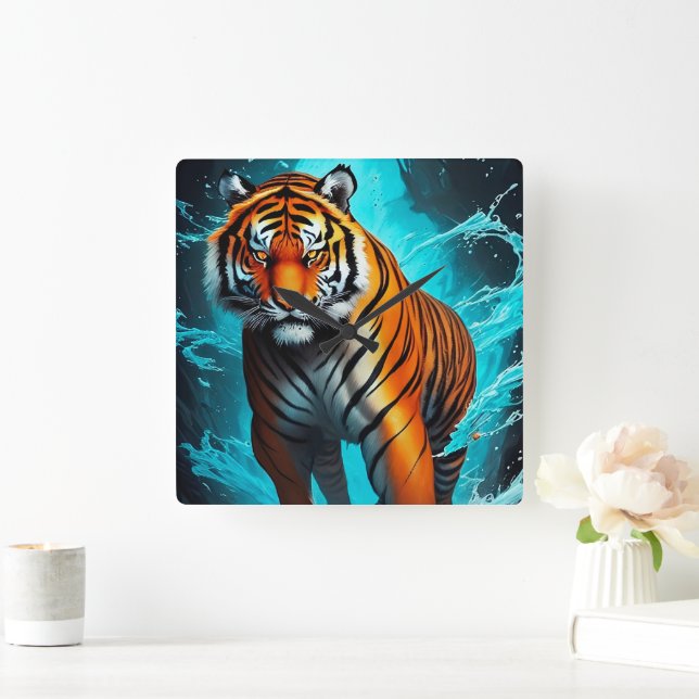 Relógio Quadrado Tigre Poderoso Caminhando Sobre A Água (Lar)