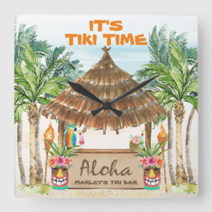 Relógio Quadrado Tiki Luau   Tropical Beach Tiki Bar Aloha Square