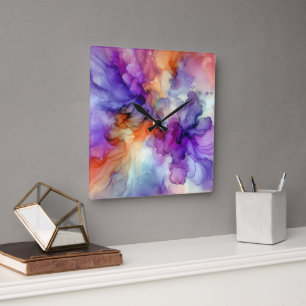 Relógio Quadrado Tinta Alcoólica Abstrata Laranja e Roxa