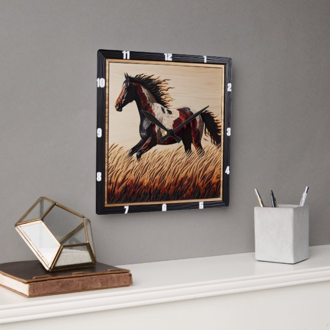 Relógio Quadrado Tinta Trot: Sun de Campo de Madeira Personalizada (Escritório)