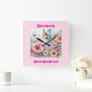 Relógio Quadrado Típica de fada floral de aquarela rosa