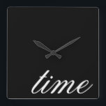 Relógio Quadrado Tipografia do tempo Mínimo Preto e Branco<br><div class="desc">Time One Word Typografia Mínima Black and White Home Decor Elegante Minimalismo Branco no Black Wall Clock,  você pode mudar o texto</div>